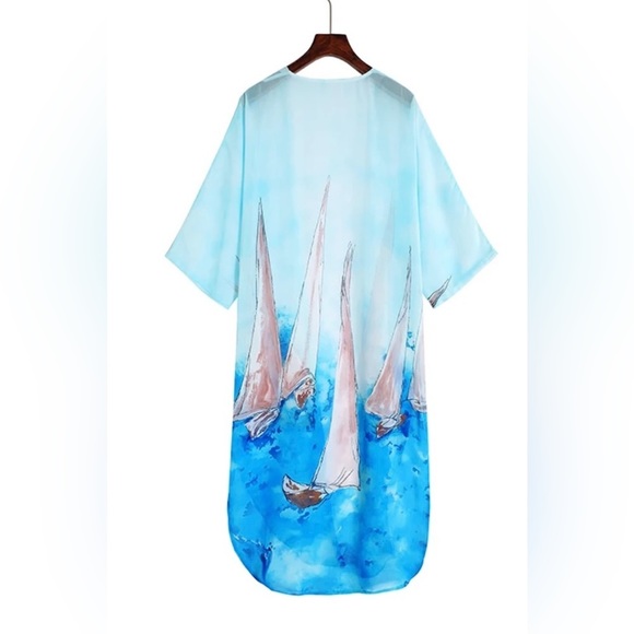 Luxury Sailboat Two-Piece Chiffon Set Kimono & Pants - Picture 5 of 8